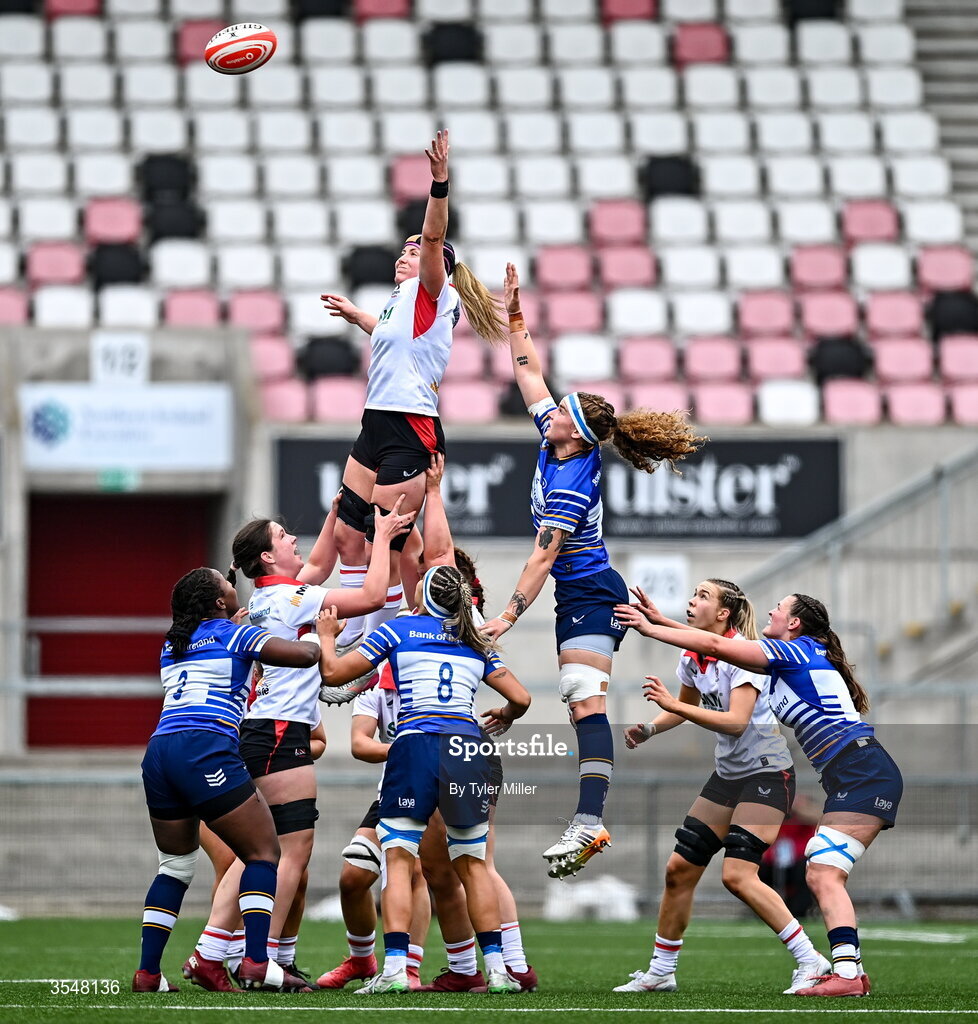 22 August 2026; Fiona Tuite-O'Sullivan of Ulster and Ruth Campbell of Leinster contest a line-out during the Vodafone Womens Interprovincial Championship Round 3 match between Ulster and Leinster at Affidea Stadium in Belfast. Photo by Tyler Miller/Sportsfile