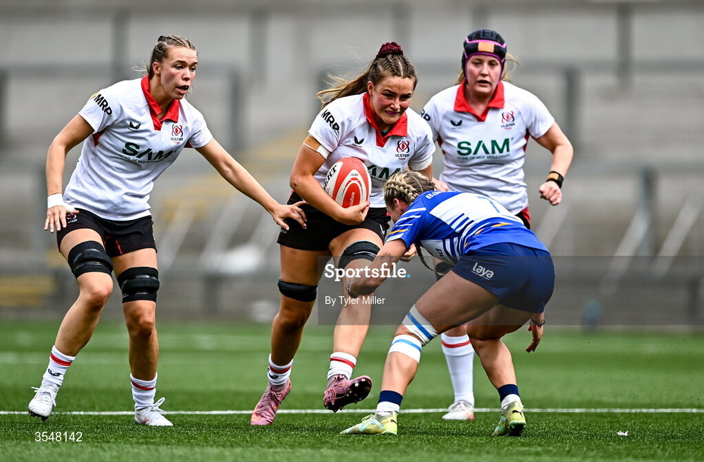 22 August 2026; Moya Hill of Ulster in action against Kathy Baker of Leinster during the Vodafone Womens Interprovincial Championship Round 3 match between Ulster and Leinster at Affidea Stadium in Belfast. Photo by Tyler Miller/Sportsfile