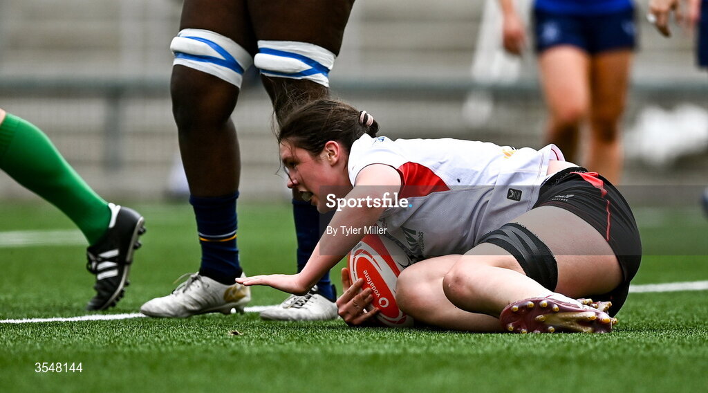 22 August 2026; Olivia McKinley of Ulster dives over to score her side's first try during the Vodafone Womens Interprovincial Championship Round 3 match between Ulster and Leinster at Affidea Stadium in Belfast. Photo by Tyler Miller/Sportsfile