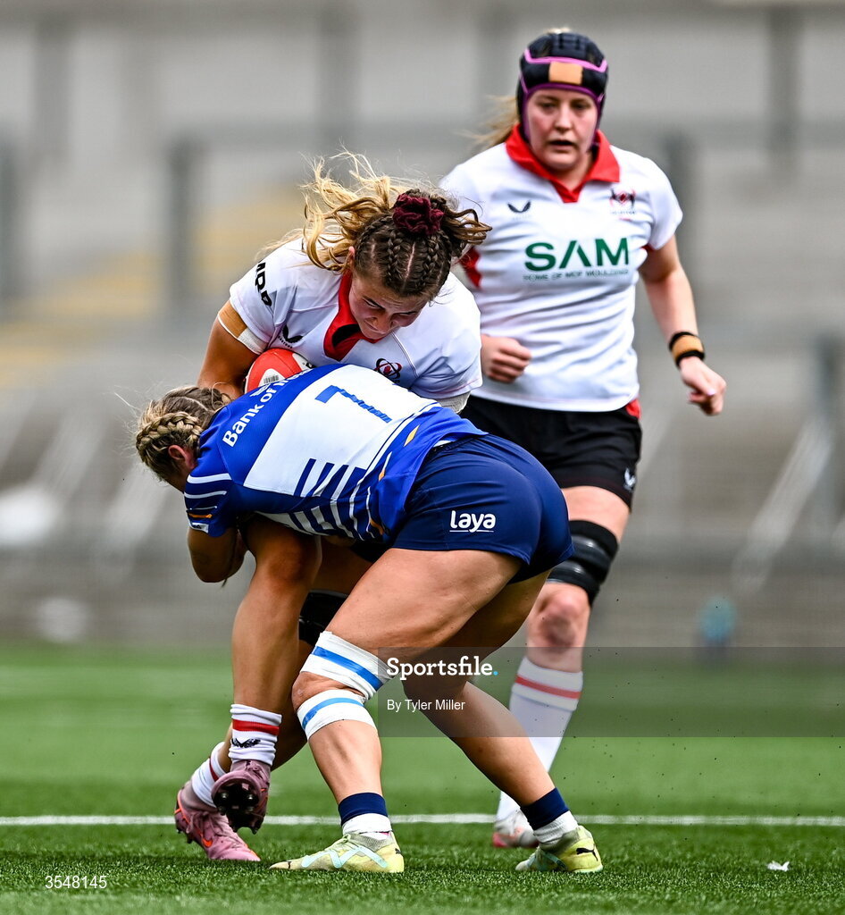 22 August 2026; Moya Hill of Ulster in action against Kathy Baker of Leinster  during the Vodafone Womens Interprovincial Championship Round 3 match between Ulster and Leinster at Affidea Stadium in Belfast. Photo by Tyler Miller/Sportsfile