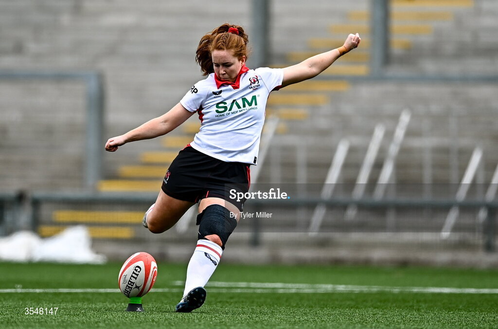 22 August 2026; Ella Durkan of Ulster attempts to kick a conversion during the Vodafone Womens Interprovincial Championship Round 3 match between Ulster and Leinster at Affidea Stadium in Belfast. Photo by Tyler Miller/Sportsfile