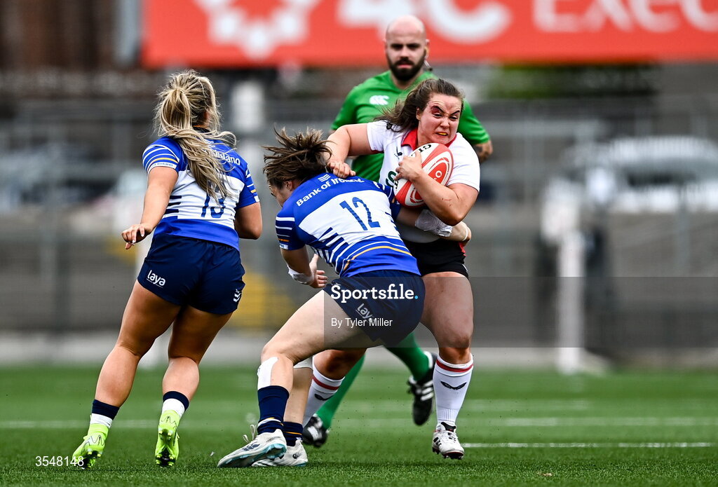 22 August 2026; Siobhan Sheerin of Ulster in action against Eve Higgins of Leinster during the Vodafone Womens Interprovincial Championship Round 3 match between Ulster and Leinster at Affidea Stadium in Belfast. Photo by Tyler Miller/Sportsfile