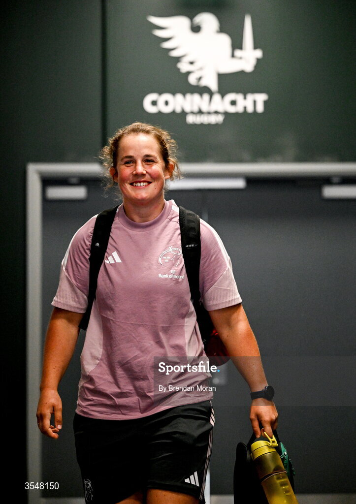 22 August 2026; Enya Breen of Munster arrives before the Vodafone Womens Interprovincial Championship Round 3 match between Connacht and Munster at Dexcom Stadium in Galway. Photo by Brendan Moran/Sportsfile