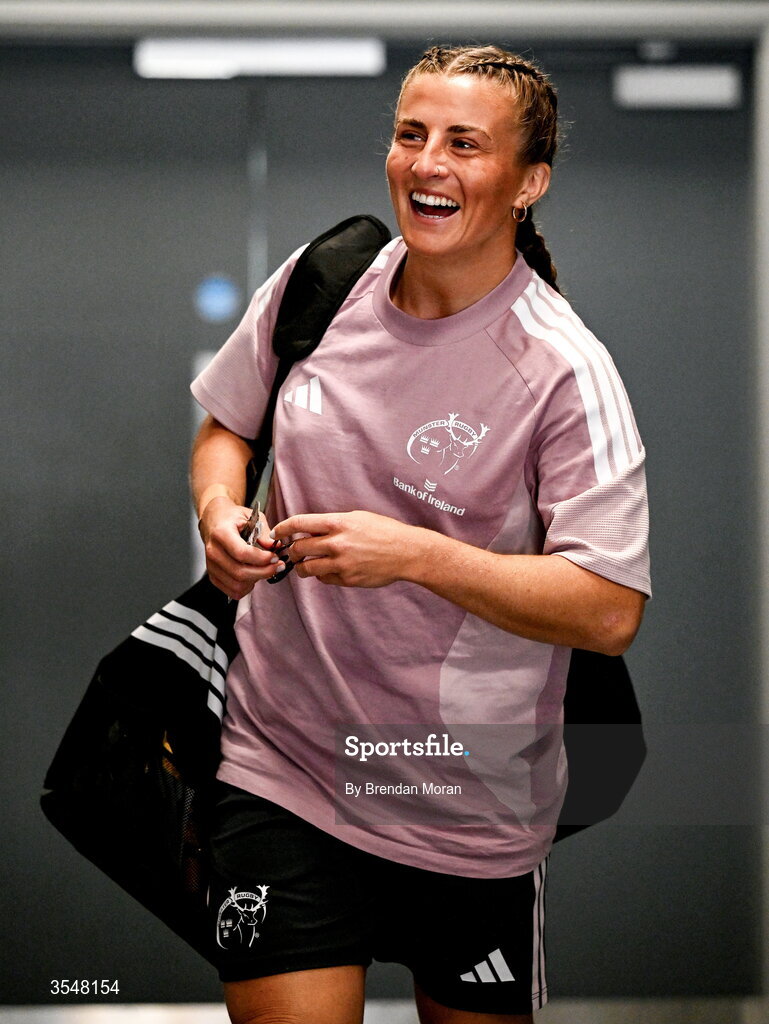 22 August 2026; Emily Lane of Munster arrives before the Vodafone Womens Interprovincial Championship Round 3 match between Connacht and Munster at Dexcom Stadium in Galway. Photo by Brendan Moran/Sportsfile