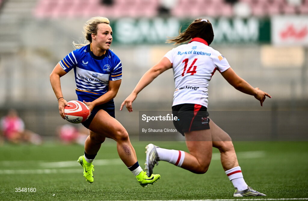 22 August 2026; Aoife Dalton of Leinster in action against Caitlin Crowe of Ulster during the Vodafone Womens Interprovincial Championship Round 3 match between Ulster and Leinster at Affidea Stadium in Belfast. Photo by Shauna Clinton/Sportsfile
