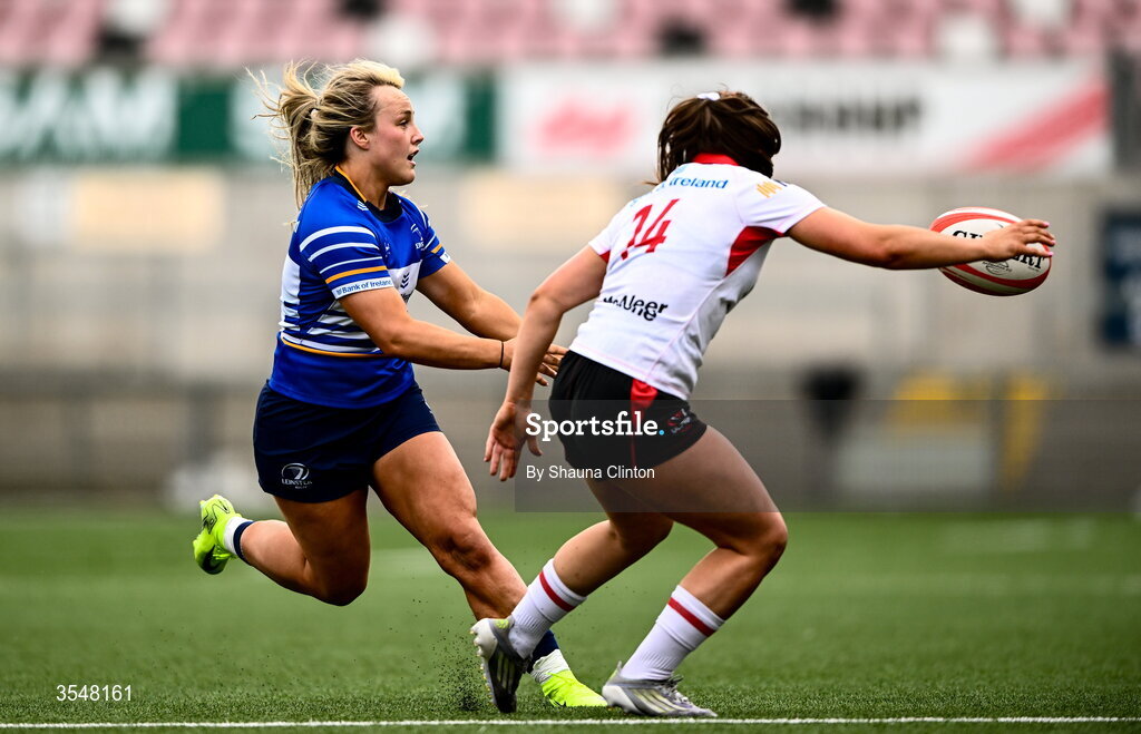 22 August 2026; Aoife Dalton of Leinster in action against Caitlin Crowe of Ulster during the Vodafone Womens Interprovincial Championship Round 3 match between Ulster and Leinster at Affidea Stadium in Belfast. Photo by Shauna Clinton/Sportsfile