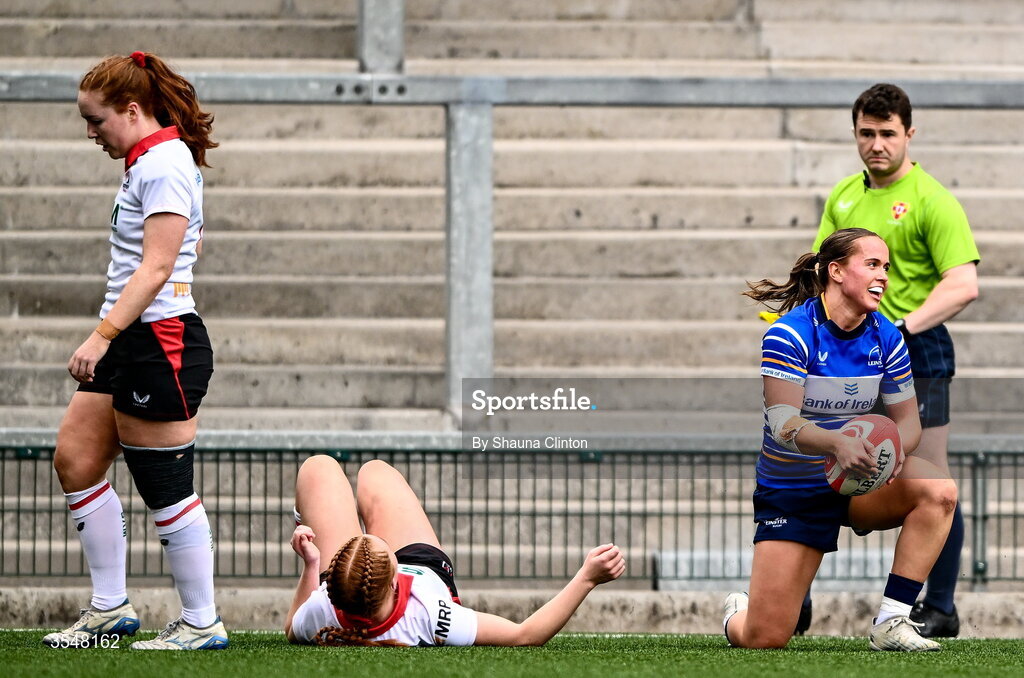 22 August 2026; Robyn O'Connor of Leinster scores her side's fourth try during the Vodafone Womens Interprovincial Championship Round 3 match between Ulster and Leinster at Affidea Stadium in Belfast. Photo by Shauna Clinton/Sportsfile