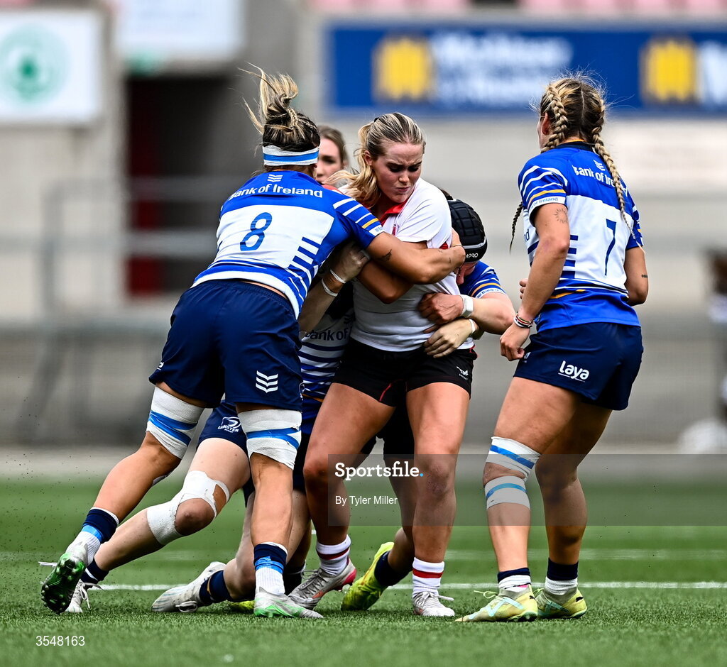 22 August 2026; Leah Irwin of Ulster is tackled by Erin King of Leinster during the Vodafone Womens Interprovincial Championship Round 3 match between Ulster and Leinster at Affidea Stadium in Belfast. Photo by Tyler Miller/Sportsfile