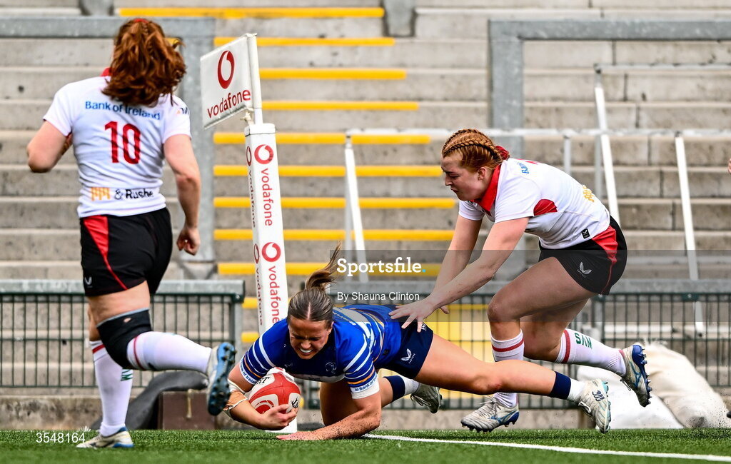 22 August 2026; Robyn O'Connor of Leinster scores her side's fourth try during the Vodafone Womens Interprovincial Championship Round 3 match between Ulster and Leinster at Affidea Stadium in Belfast. Photo by Shauna Clinton/Sportsfile