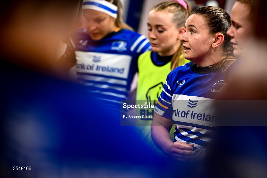 22 August 2026; Leinster captain Sarah Delaney speaks to team-mates in the dressing-room ahead of the Vodafone Womens Interprovincial Championship Round 3 match between Ulster and Leinster at Affidea Stadium in Belfast. Photo by Shauna Clinton/Sportsfile