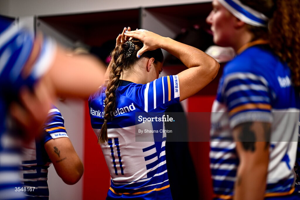 22 August 2026; Vicky Elmes Kinlan of Leinster in the dressing-room ahead of the Vodafone Womens Interprovincial Championship Round 3 match between Ulster and Leinster at Affidea Stadium in Belfast. Photo by Shauna Clinton/Sportsfile