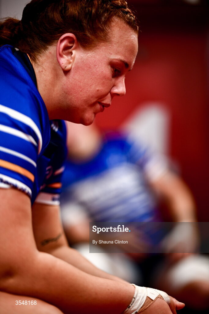 22 August 2026; Caoimhe Molloy of Leinster in the dressing-room ahead of the Vodafone Womens Interprovincial Championship Round 3 match between Ulster and Leinster at Affidea Stadium in Belfast. Photo by Shauna Clinton/Sportsfile