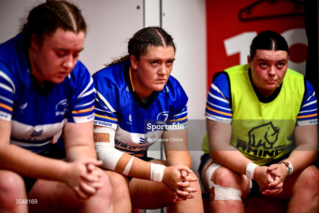 22 August 2026; Leinster players, from left, Emma-Jane Wilson, Hannah Wilson and Hope Lowney in the dressing-room ahead of the Vodafone Womens Interprovincial Championship Round 3 match between Ulster and Leinster at Affidea Stadium in Belfast. Photo by Shauna Clinton/Sportsfile