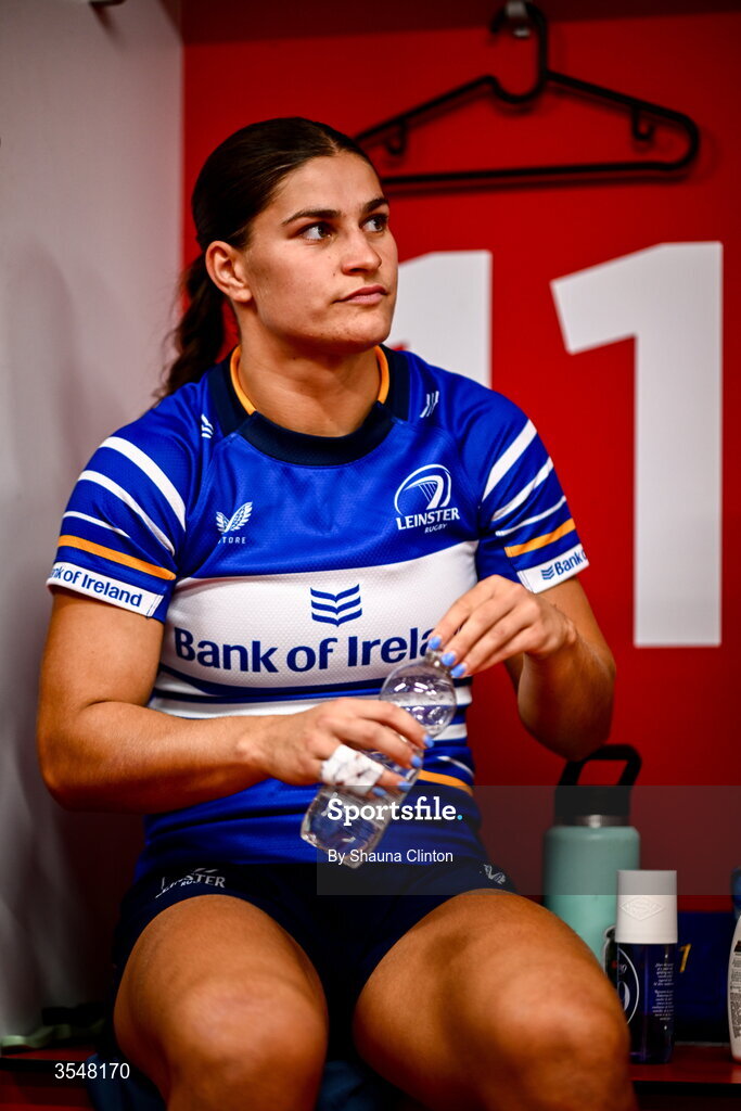 22 August 2026; Vicky Elmes Kinlan of Leinster in the dressing-room ahead of the Vodafone Womens Interprovincial Championship Round 3 match between Ulster and Leinster at Affidea Stadium in Belfast. Photo by Shauna Clinton/Sportsfile