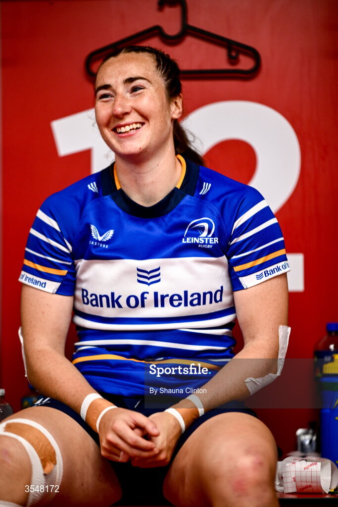 22 August 2026; Eve Higgins of Leinster in the dressing-room ahead of the Vodafone Womens Interprovincial Championship Round 3 match between Ulster and Leinster at Affidea Stadium in Belfast. Photo by Shauna Clinton/Sportsfile