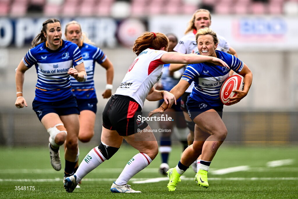 22 August 2026; Aoife Dalton of Leinster is tackled by Ella Durkan of Ulster during the Vodafone Womens Interprovincial Championship Round 3 match between Ulster and Leinster at Affidea Stadium in Belfast. Photo by Shauna Clinton/Sportsfile