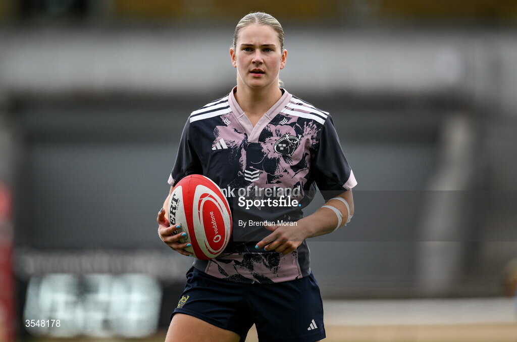 22 August 2026; Aoife Corey of Munster warms up before the Vodafone Womens Interprovincial Championship Round 3 match between Connacht and Munster at Dexcom Stadium in Galway. Photo by Brendan Moran/Sportsfile
