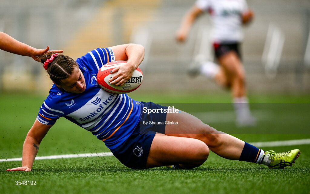 22 August 2026; Katie Whelan of Leinster scores her side's sixth try during the Vodafone Womens Interprovincial Championship Round 3 match between Ulster and Leinster at Affidea Stadium in Belfast. Photo by Shauna Clinton/Sportsfile