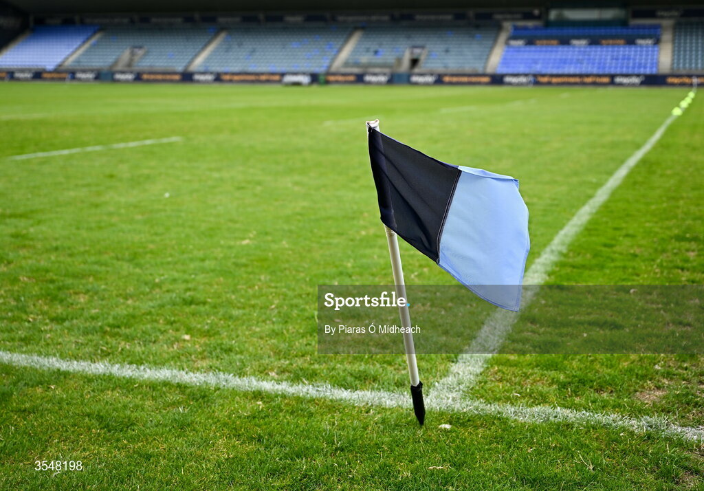 22 August 2026; A pitchside flag before the PTSB Dublin Senior Club Football Championships Round 2 match between Ballyboden St Enda's and Castleknock at Parnell Park in Dublin. Photo by Piaras Ó Mídheach/Sportsfile