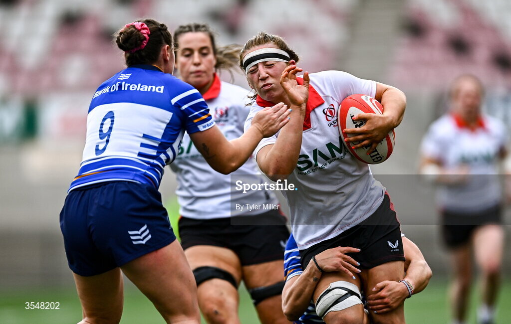 22 August 2026; Claire Boles of Ulster in action against Katie Whelan of Leinster during the Vodafone Womens Interprovincial Championship Round 3 match between Ulster and Leinster at Affidea Stadium in Belfast. Photo by Tyler Miller/Sportsfile
