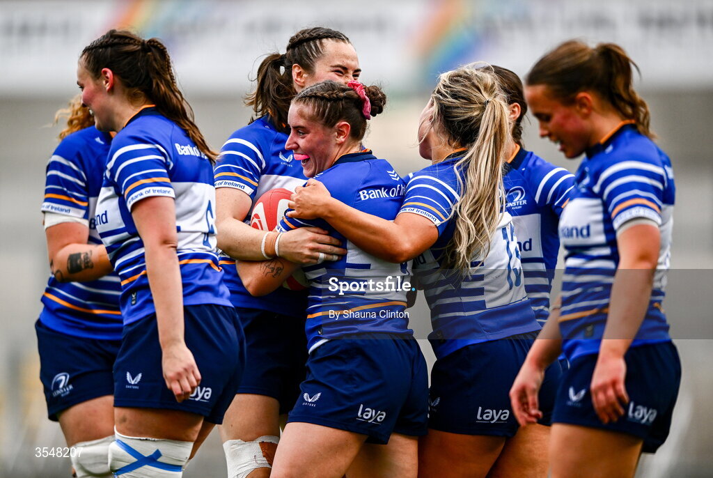 22 August 2026; Katie Whelan of Leinster, centre, celebrates with team-mates after scoring her side's sixth try during the Vodafone Womens Interprovincial Championship Round 3 match between Ulster and Leinster at Affidea Stadium in Belfast. Photo by Shauna Clinton/Sportsfile