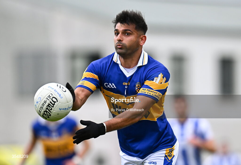 22 August 2026; Shairoze Akram of Castleknock during the PTSB Dublin Senior Club Football Championships Round 2 match between Ballyboden St Enda's and Castleknock at Parnell Park in Dublin. Photo by Piaras Ó Mídheach/Sportsfile