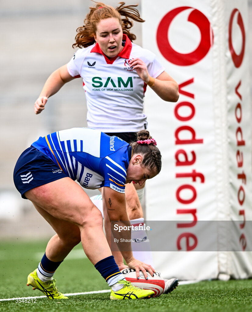 22 August 2026; Katie Whelan of Leinster scores her side's seventh try during the Vodafone Womens Interprovincial Championship Round 3 match between Ulster and Leinster at Affidea Stadium in Belfast. Photo by Shauna Clinton/Sportsfile