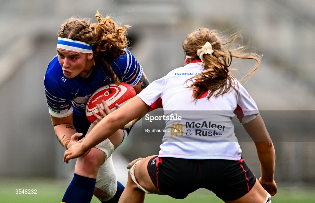 22 August 2026; Ruth Campbell of Leinster in action against Claire Boles of Ulster during the Vodafone Womens Interprovincial Championship Round 3 match between Ulster and Leinster at Affidea Stadium in Belfast. Photo by Shauna Clinton/Sportsfile