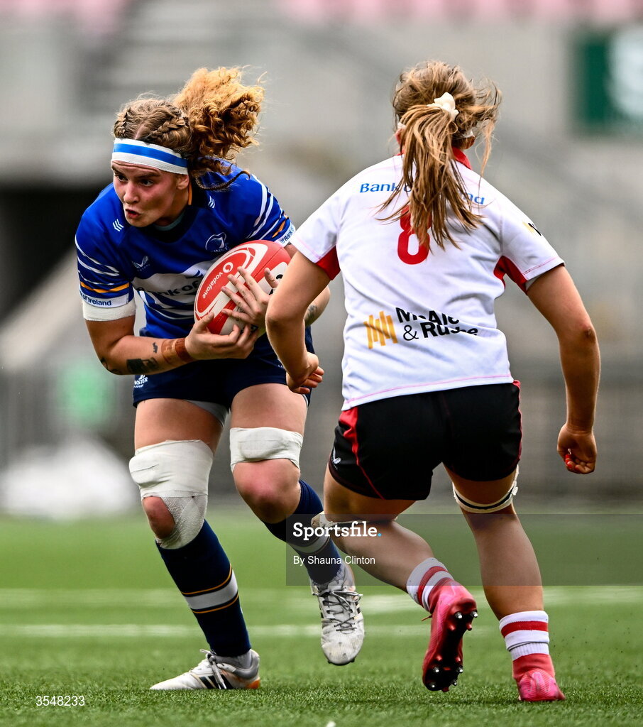 22 August 2026; Ruth Campbell of Leinster in action against Claire Boles of Ulster during the Vodafone Womens Interprovincial Championship Round 3 match between Ulster and Leinster at Affidea Stadium in Belfast. Photo by Shauna Clinton/Sportsfile