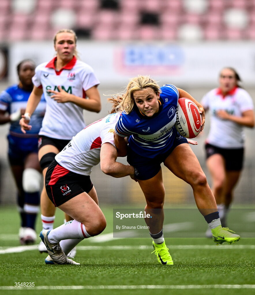 22 August 2026; Aoife Dalton of Leinster is tackled by Ella Durkan of Ulster during the Vodafone Womens Interprovincial Championship Round 3 match between Ulster and Leinster at Affidea Stadium in Belfast. Photo by Shauna Clinton/Sportsfile