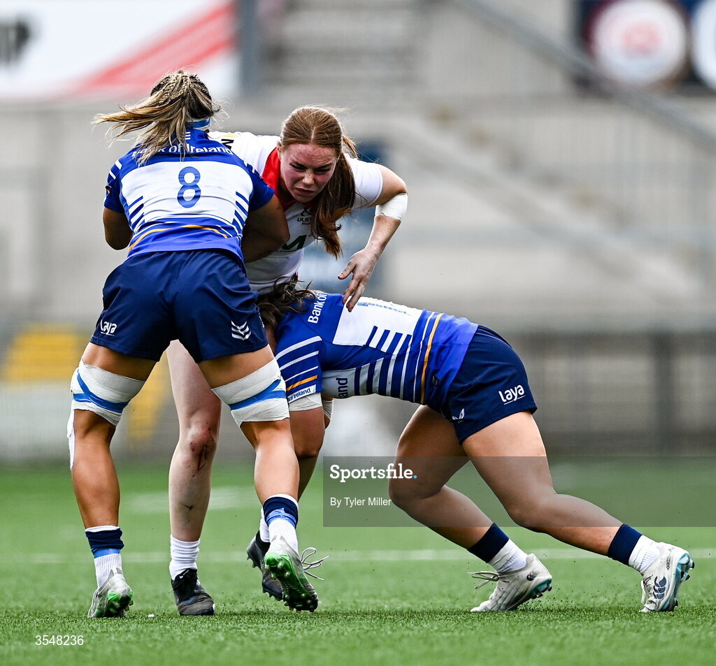 22 August 2026; Niamh Marley of Ulster in action against Robyn O’Connor, right, and Erin King of Leinster during the Vodafone Womens Interprovincial Championship Round 3 match between Ulster and Leinster at Affidea Stadium in Belfast. Photo by Tyler Miller/Sportsfile