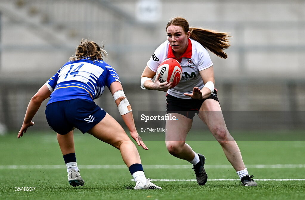22 August 2026; Niamh Marley of Ulster in action against Robyn O’Connor of Leinster during the Vodafone Womens Interprovincial Championship Round 3 match between Ulster and Leinster at Affidea Stadium in Belfast. Photo by Tyler Miller/Sportsfile