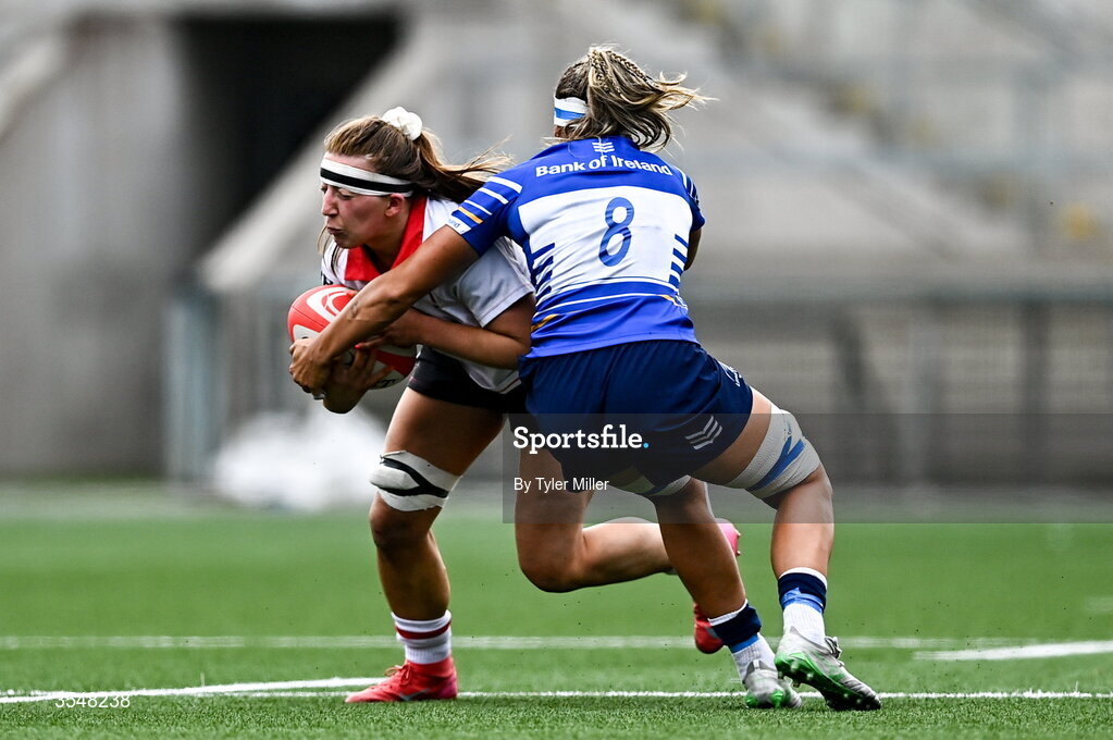 22 August 2026; Claire Boles of Ulster in action against Erin King of Leinster during the Vodafone Womens Interprovincial Championship Round 3 match between Ulster and Leinster at Affidea Stadium in Belfast. Photo by Tyler Miller/Sportsfile