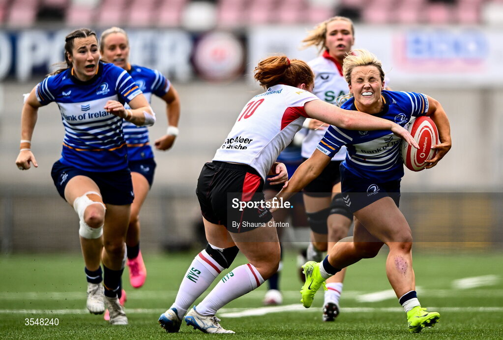 22 August 2026; Aoife Dalton of Leinster is tackled by Ella Durkan of Ulster during the Vodafone Womens Interprovincial Championship Round 3 match between Ulster and Leinster at Affidea Stadium in Belfast. Photo by Shauna Clinton/Sportsfile