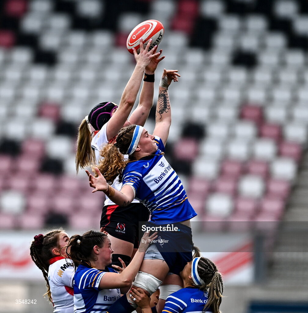 22 August 2026; Fiona Tuite-O'Sullivan of Ulster and Ruth Campbell of Leinster contest a line-out during the Vodafone Womens Interprovincial Championship Round 3 match between Ulster and Leinster at Affidea Stadium in Belfast. Photo by Tyler Miller/Sportsfile