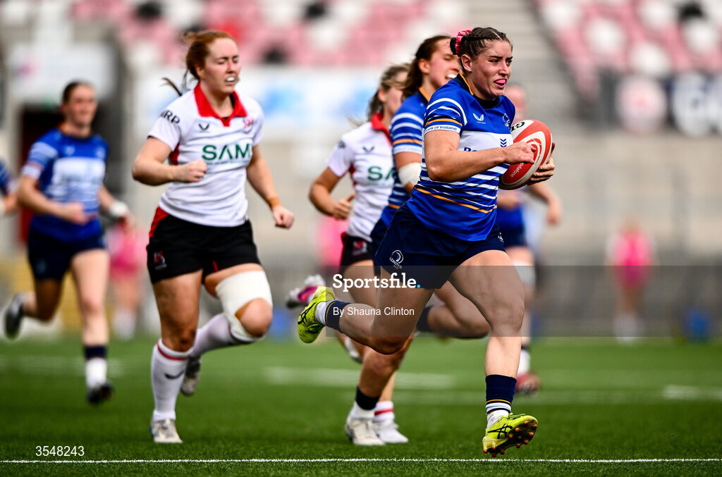 22 August 2026; Katie Whelan of Leinster makes a break on her way to scoring her side's sixth try during the Vodafone Womens Interprovincial Championship Round 3 match between Ulster and Leinster at Affidea Stadium in Belfast. Photo by Shauna Clinton/Sportsfile