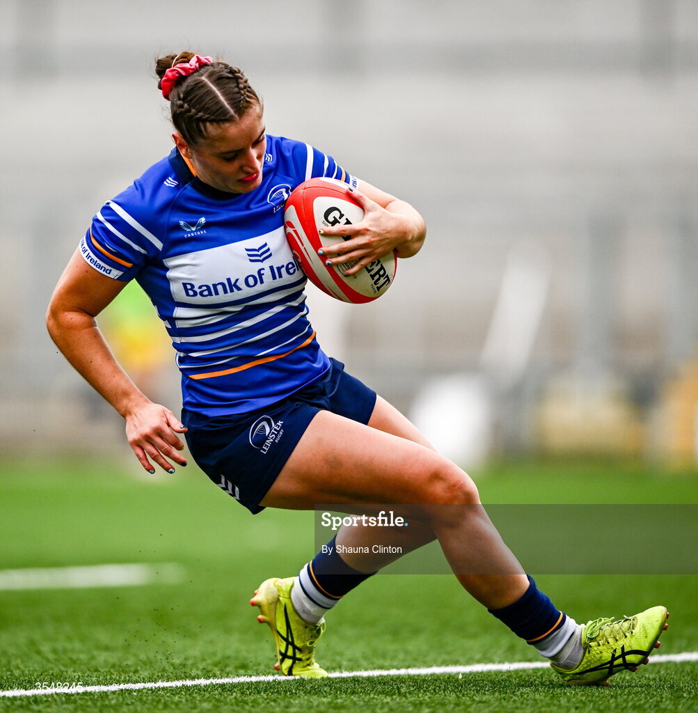 22 August 2026; Katie Whelan of Leinster scores her side's sixth try during the Vodafone Womens Interprovincial Championship Round 3 match between Ulster and Leinster at Affidea Stadium in Belfast. Photo by Shauna Clinton/Sportsfile