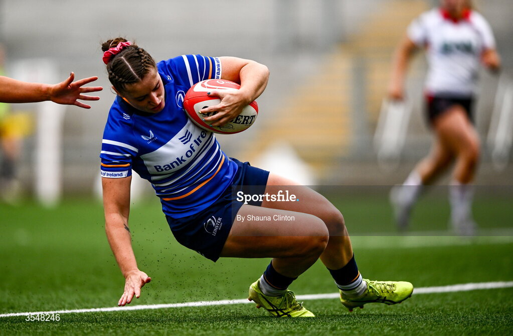 22 August 2026; Katie Whelan of Leinster scores her side's sixth try during the Vodafone Womens Interprovincial Championship Round 3 match between Ulster and Leinster at Affidea Stadium in Belfast. Photo by Shauna Clinton/Sportsfile