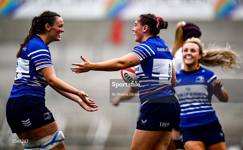 22 August 2026; Katie Whelan of Leinster, centre, celebrates with team-mates after scoring her side's sixth try during the Vodafone Womens Interprovincial Championship Round 3 match between Ulster and Leinster at Affidea Stadium in Belfast. Photo by Shauna Clinton/Sportsfile