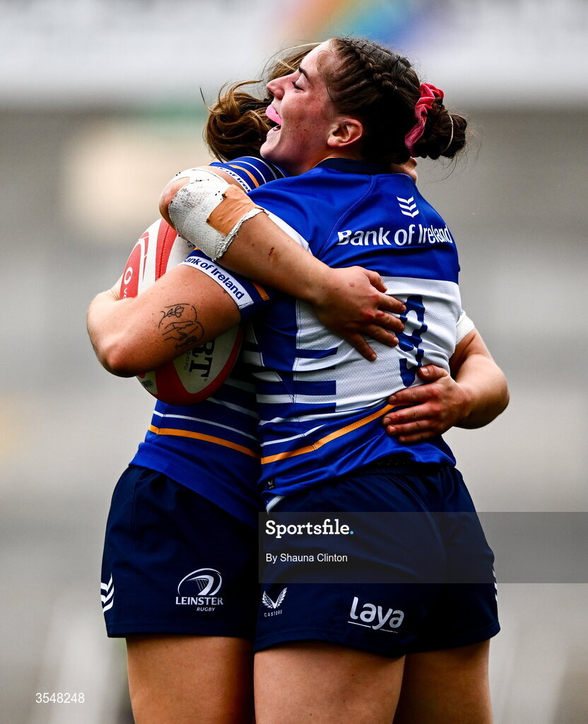22 August 2026; Katie Whelan of Leinster, right, celebrates with team-mate Robyn O'Connor after scoring her side's sixth try during the Vodafone Womens Interprovincial Championship Round 3 match between Ulster and Leinster at Affidea Stadium in Belfast. Photo by Shauna Clinton/Sportsfile