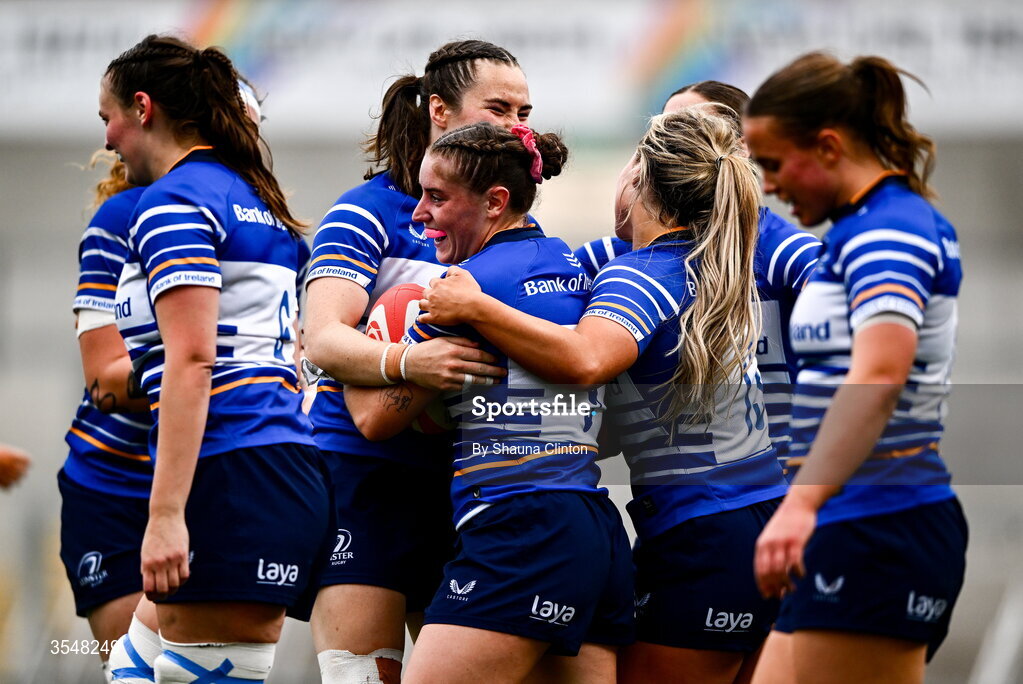 22 August 2026; Katie Whelan of Leinster, centre, celebrates with team-mates after scoring her side's sixth try during the Vodafone Womens Interprovincial Championship Round 3 match between Ulster and Leinster at Affidea Stadium in Belfast. Photo by Shauna Clinton/Sportsfile