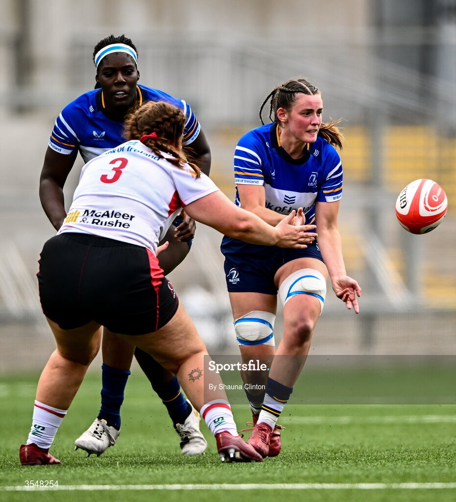22 August 2026; Regan Casey of Leinster in action against Sophie Barrett of Ulster during the Vodafone Womens Interprovincial Championship Round 3 match between Ulster and Leinster at Affidea Stadium in Belfast. Photo by Shauna Clinton/Sportsfile