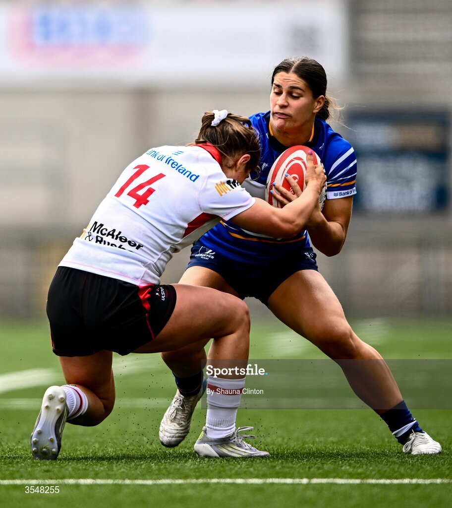 22 August 2026; Vicky Elmes Kinlan of Leinster in action against Caitlin Crowe of Ulster during the Vodafone Womens Interprovincial Championship Round 3 match between Ulster and Leinster at Affidea Stadium in Belfast. Photo by Shauna Clinton/Sportsfile