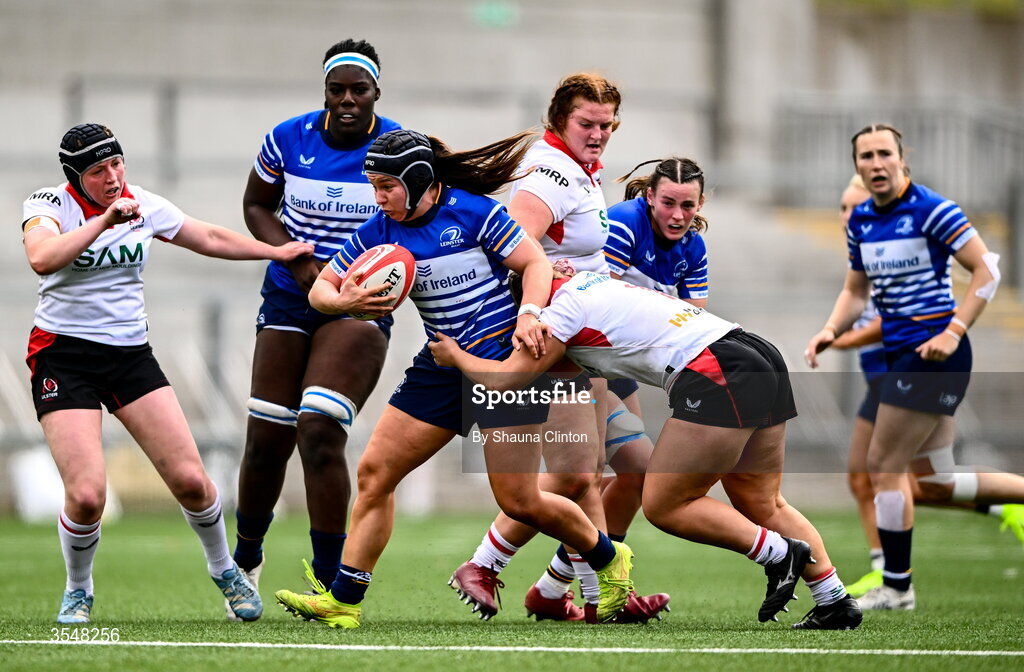 22 August 2026; Sarah Delaney of Leinster is tackled by Sadhbh McGrath of Ulster during the Vodafone Womens Interprovincial Championship Round 3 match between Ulster and Leinster at Affidea Stadium in Belfast. Photo by Shauna Clinton/Sportsfile