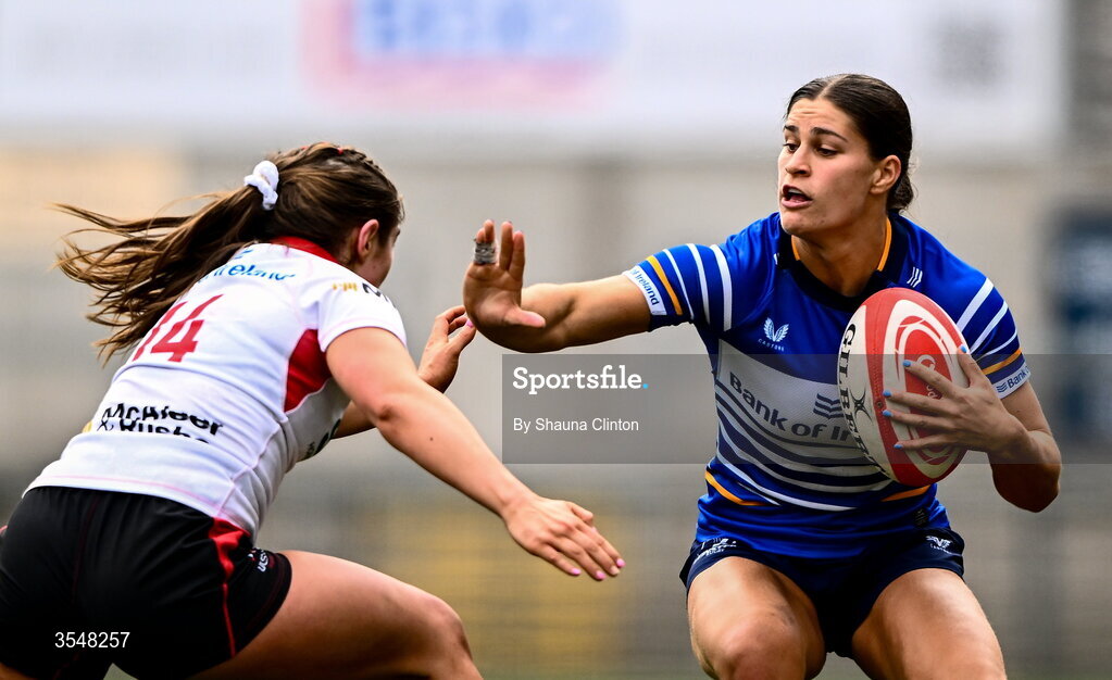 22 August 2026; Vicky Elmes Kinlan of Leinster in action against Caitlin Crowe of Ulster during the Vodafone Womens Interprovincial Championship Round 3 match between Ulster and Leinster at Affidea Stadium in Belfast. Photo by Shauna Clinton/Sportsfile