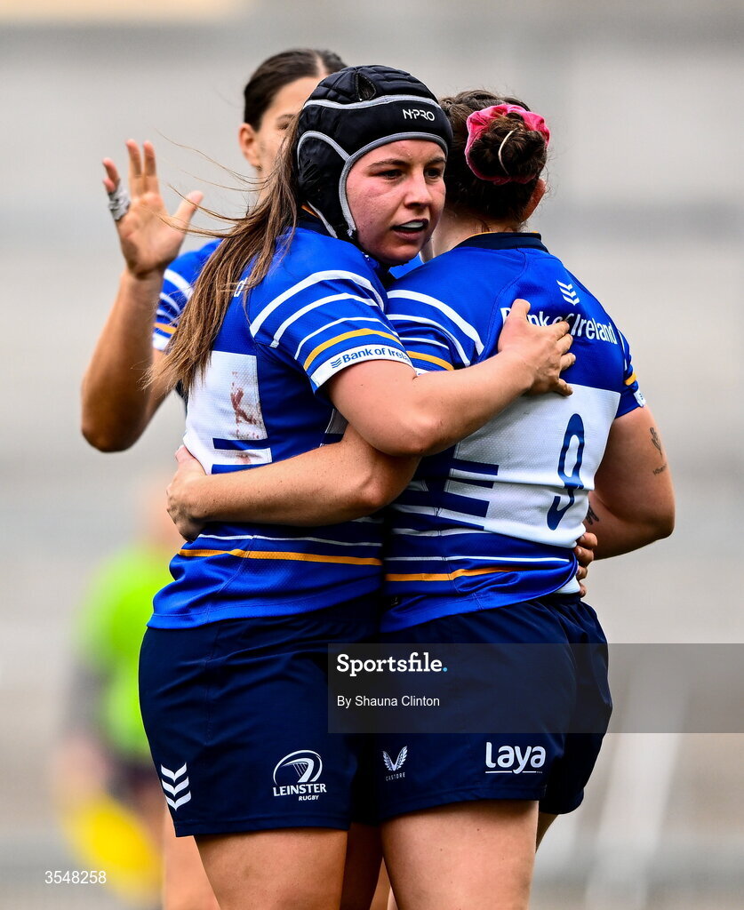 22 August 2026; Katie Whelan of Leinster, centre, celebrates with team-mates after scoring her side's seventh try during the Vodafone Womens Interprovincial Championship Round 3 match between Ulster and Leinster at Affidea Stadium in Belfast. Photo by Shauna Clinton/Sportsfile
