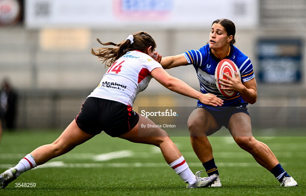 22 August 2026; Vicky Elmes Kinlan of Leinster in action against Caitlin Crowe of Ulster during the Vodafone Womens Interprovincial Championship Round 3 match between Ulster and Leinster at Affidea Stadium in Belfast. Photo by Shauna Clinton/Sportsfile