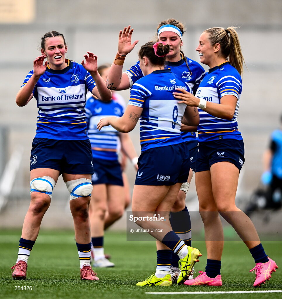 22 August 2026; Katie Whelan of Leinster, centre, celebrates with team-mates after scoring her side's seventh try during the Vodafone Womens Interprovincial Championship Round 3 match between Ulster and Leinster at Affidea Stadium in Belfast. Photo by Shauna Clinton/Sportsfile