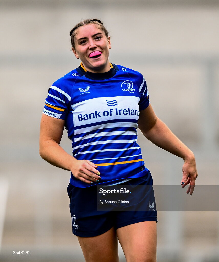 22 August 2026; Katie Whelan of Leinster celebrates after scoring her side's seventh try during the Vodafone Womens Interprovincial Championship Round 3 match between Ulster and Leinster at Affidea Stadium in Belfast. Photo by Shauna Clinton/Sportsfile