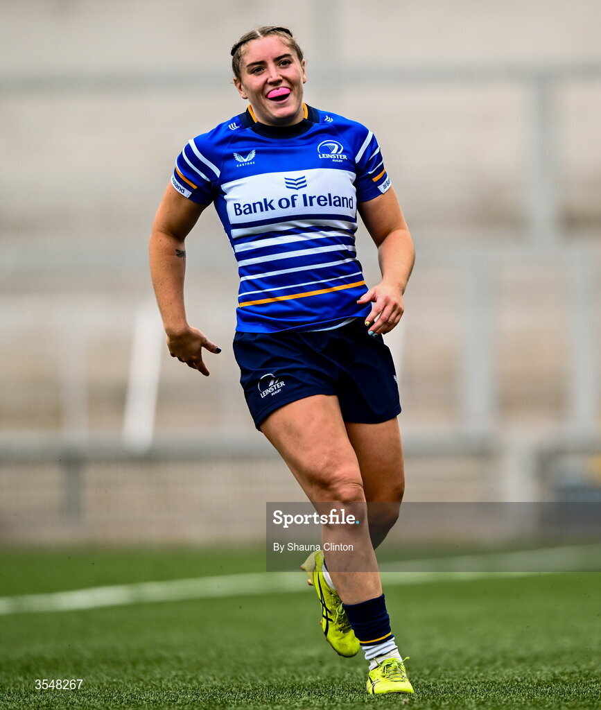 22 August 2026; Katie Whelan of Leinster celebrates after scoring her side's seventh try during the Vodafone Womens Interprovincial Championship Round 3 match between Ulster and Leinster at Affidea Stadium in Belfast. Photo by Shauna Clinton/Sportsfile
